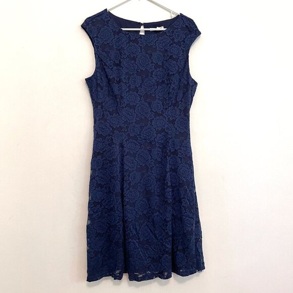 NORTHSTYLE Navy Blue Floral Lace Cutout Back Midi Wedding Party Fit Flare Dress - Picture 1 of 13